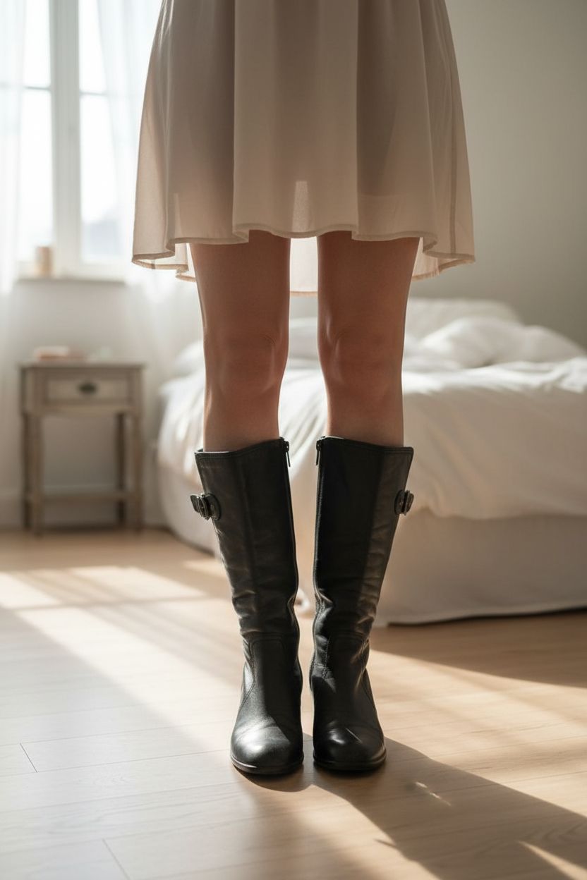 Vintage Y2K Clarks black knee high wedge boots with buckle detail standing straight facing the camera, in a softly lit bedroom setting, with gentle natural light filtering through a window.