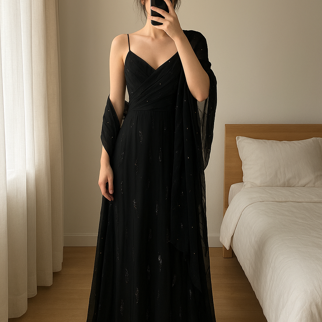 Abito da sera elegante donna taglia 52 + foulard coordinato in piedi, rivolto verso la fotocamera, in una camera da letto con luce soffusa e luce naturale che filtra dalla finestra.