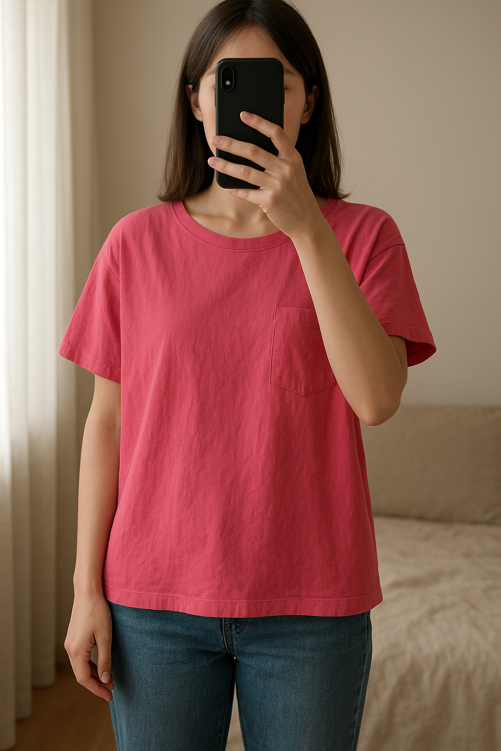 T-shirt rise fushia debout, face à la caméra, dans une chambre à la lumière douce, avec une lumière naturelle filtrant par la fenêtre.