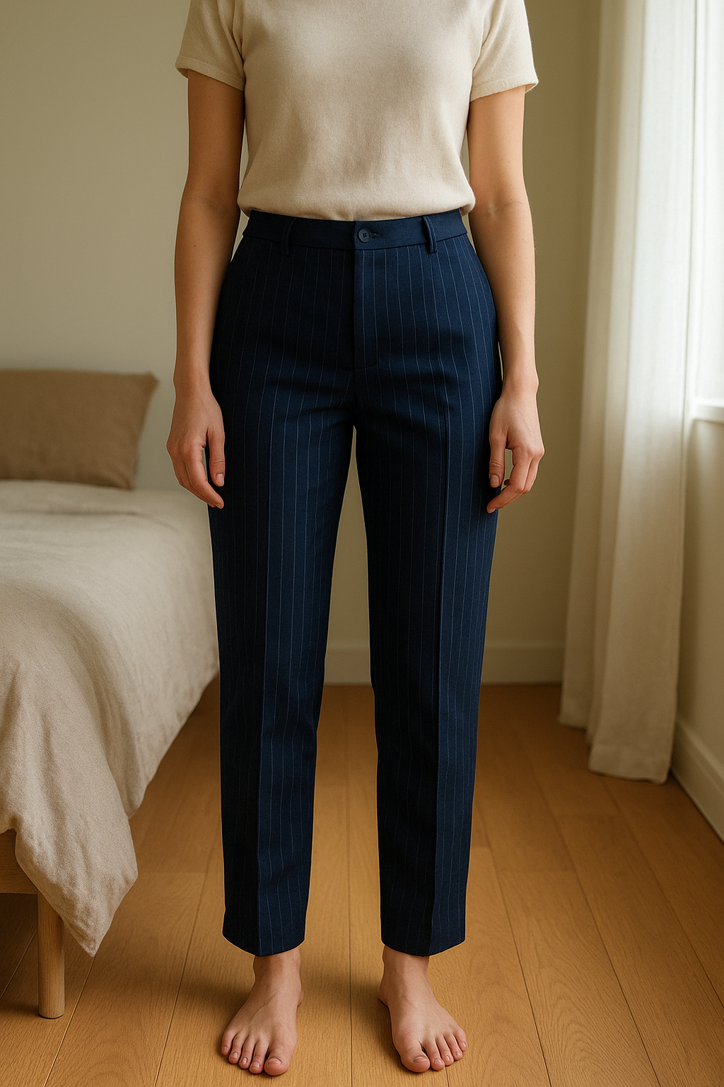 Pantalon femme debout, face à la caméra, dans une chambre à la lumière douce, avec une lumière naturelle filtrant par la fenêtre.