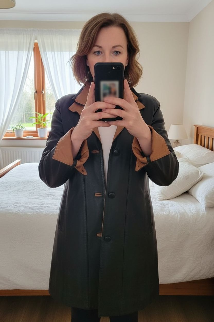 Ladies black and tan leather jacket standing straight facing the camera, in a softly lit bedroom setting, with gentle natural light filtering through a window.