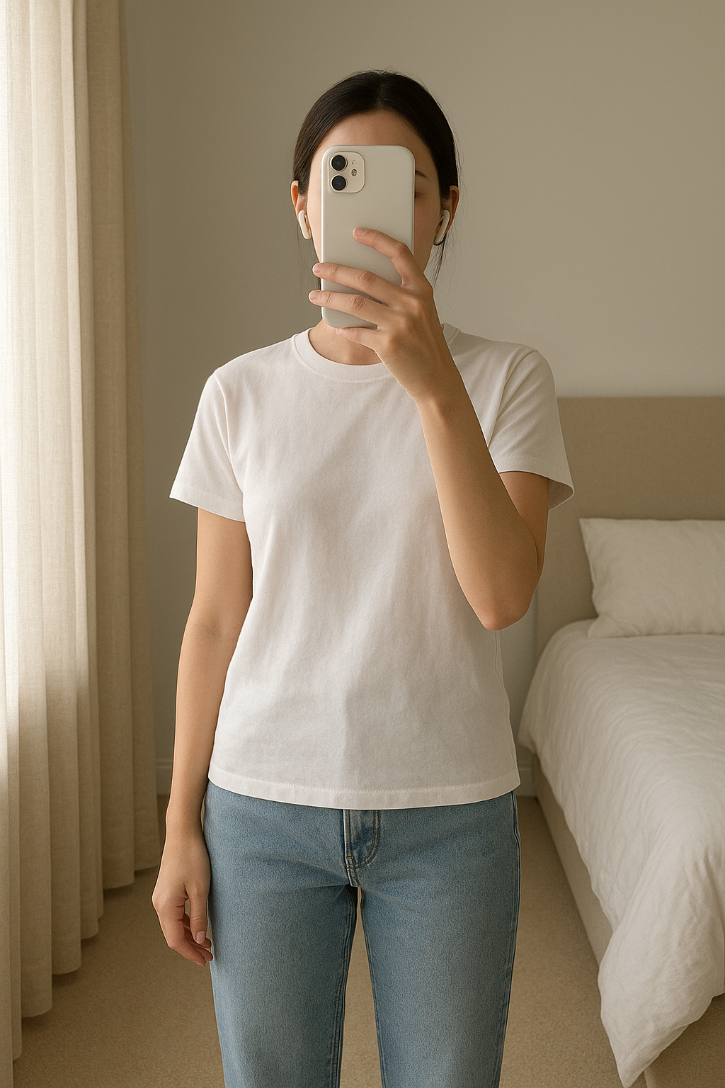 Airs pods pro 2 debout, face à la caméra, dans une chambre à la lumière douce, avec une lumière naturelle filtrant par la fenêtre.