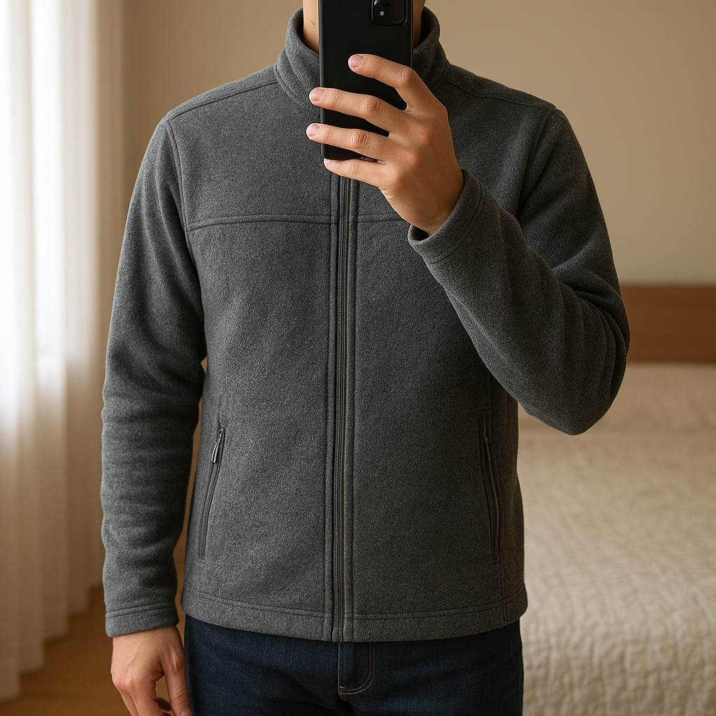 Veste polaire Columbia bon état debout, face à la caméra, dans une chambre à la lumière douce, avec une lumière naturelle filtrant par la fenêtre.