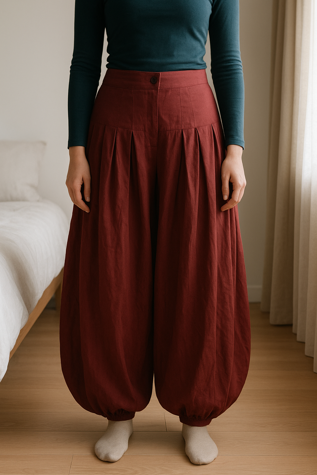 RARE ! Sarouel terracotta NEUF pantalon large bouffant ethnique bohème 38/40 debout, face à la caméra, dans une chambre à la lumière douce, avec une lumière naturelle filtrant par la fenêtre.