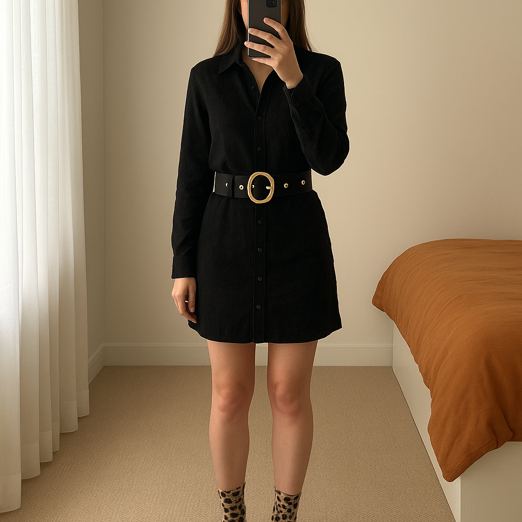Robe Zara noir neuf debout, face à la caméra, dans une chambre à la lumière douce, avec une lumière naturelle filtrant par la fenêtre.