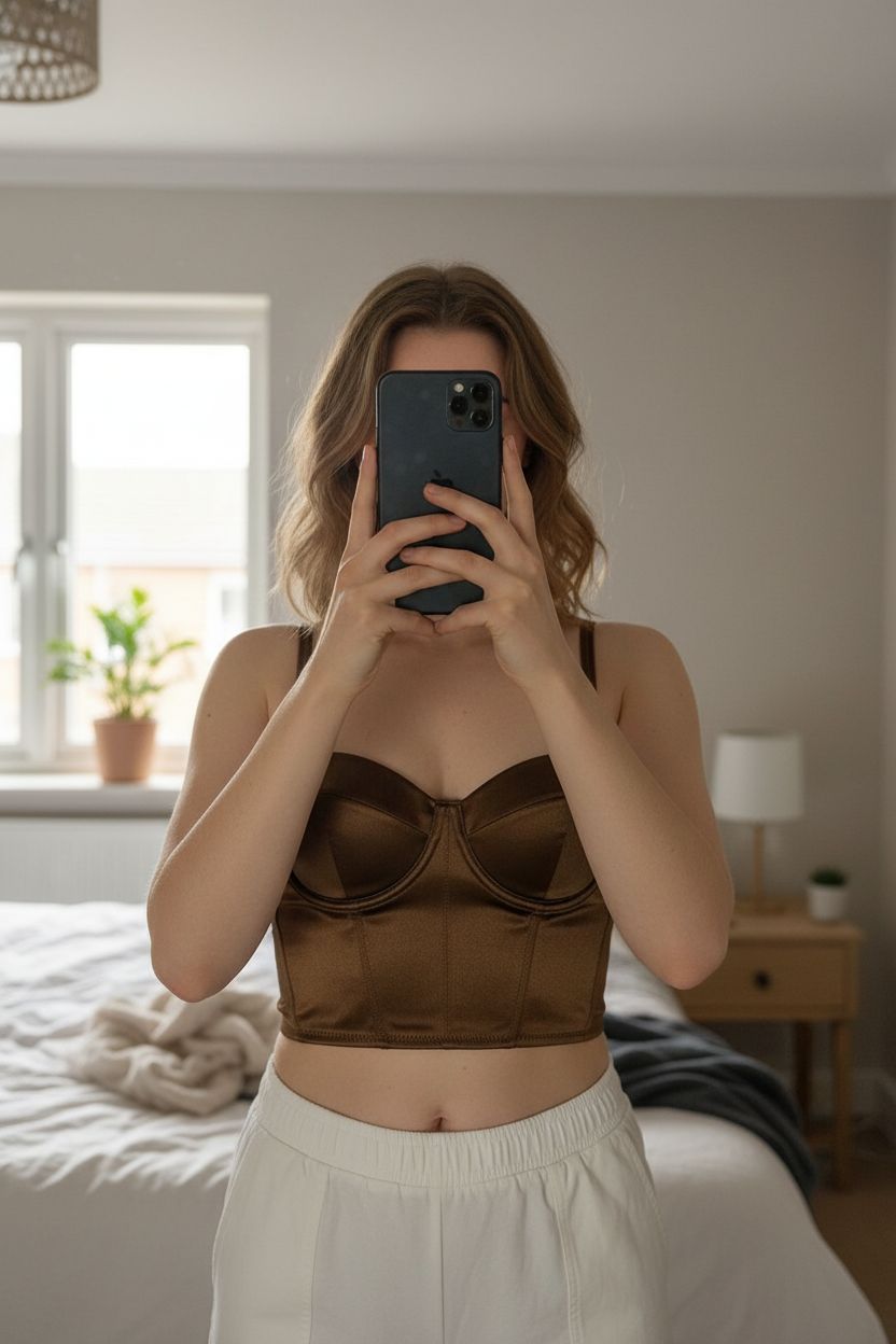 Korsett Top aufrecht stehend, der Kamera zugewandt, in einem sanft beleuchteten Schlafzimmer, mit natürlichem Licht, das durch ein Fenster fällt.