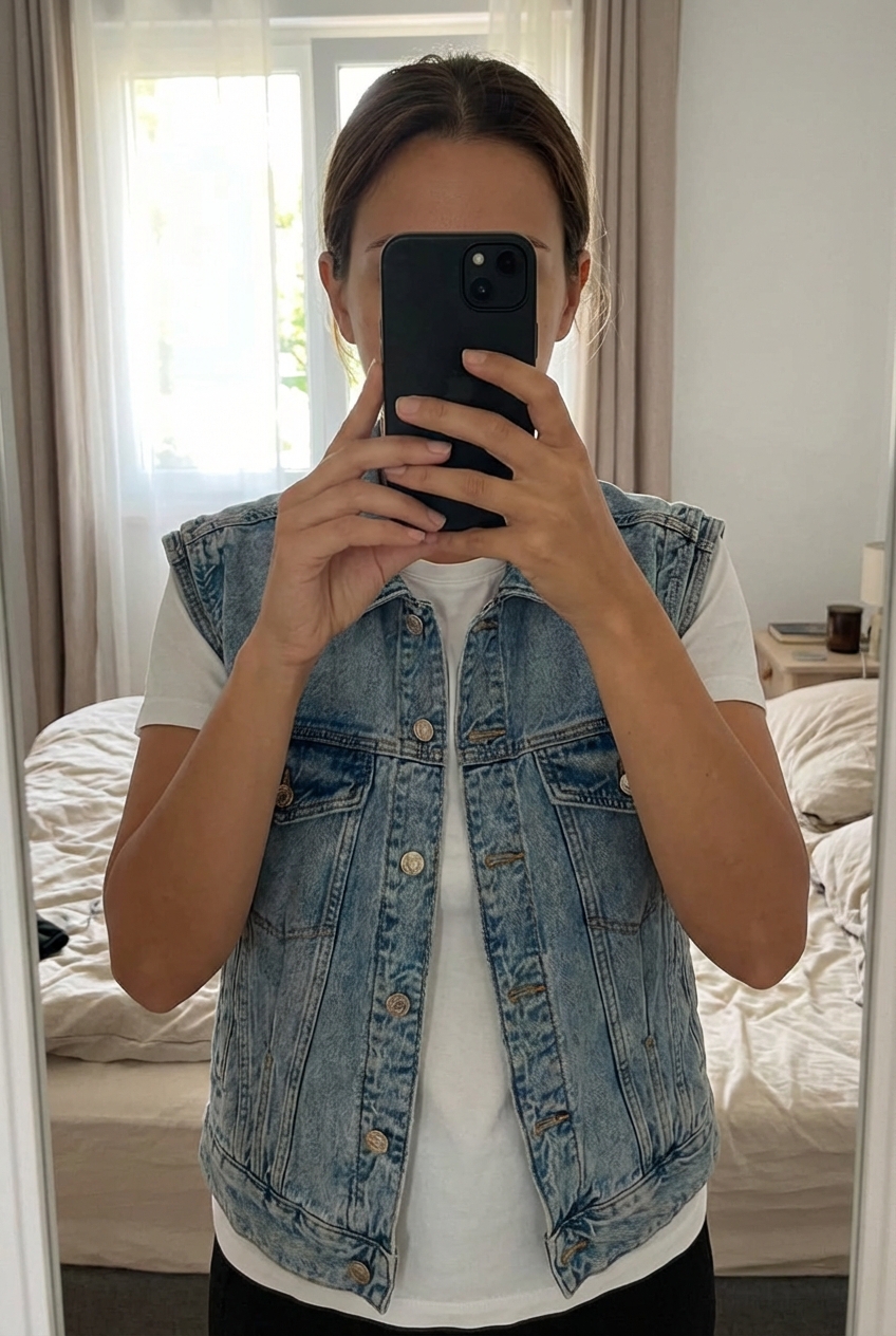 Une personne en Veste en jean sans manche femme debout, face à la caméra, dans une chambre à la lumière douce, avec une lumière naturelle filtrant par la fenêtre.