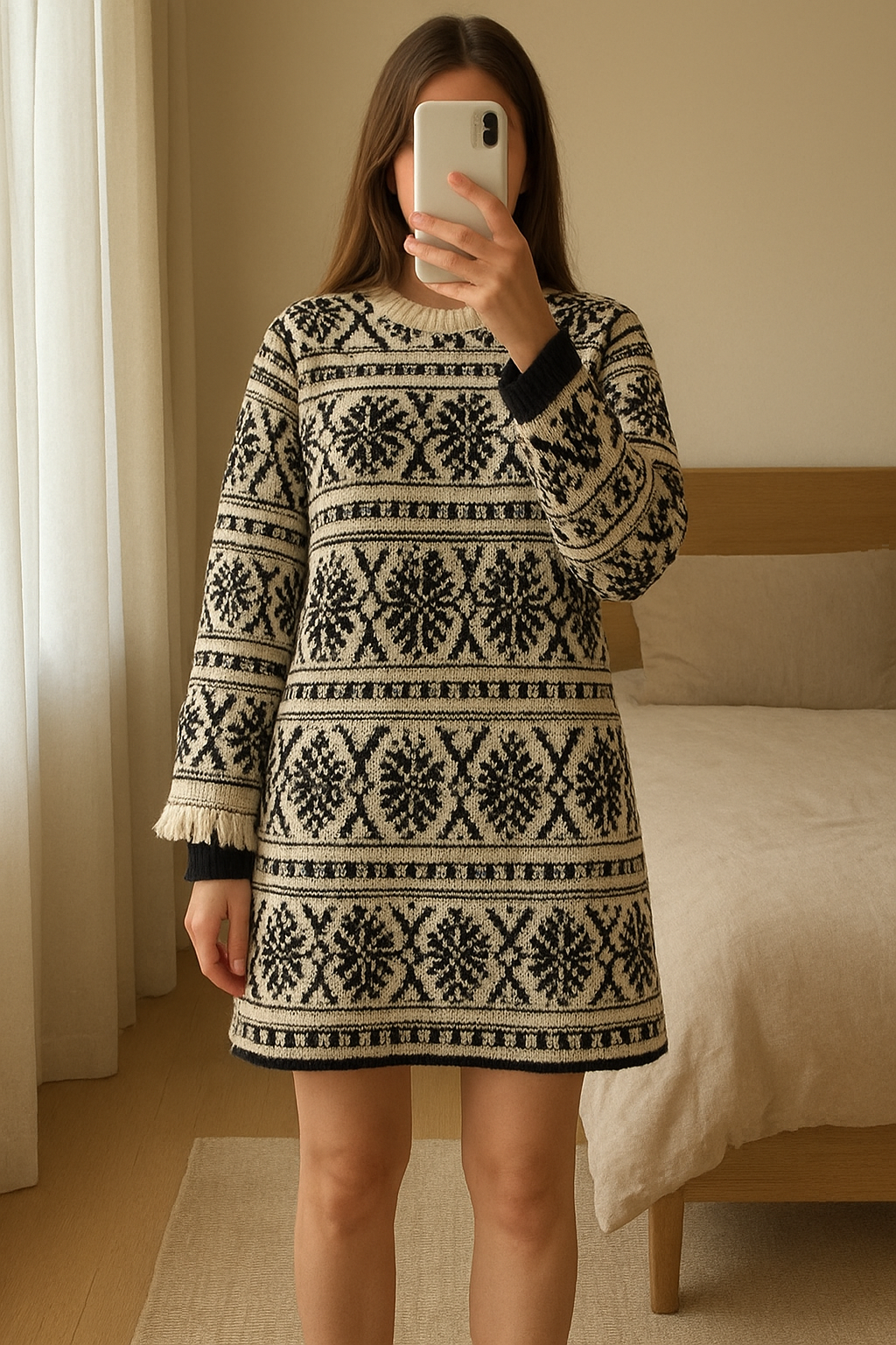 Cappotto leggero in cotone fantasia bianco e nero – taglia 42 in piedi, rivolto verso la fotocamera, in una camera da letto con luce soffusa e luce naturale che filtra dalla finestra.