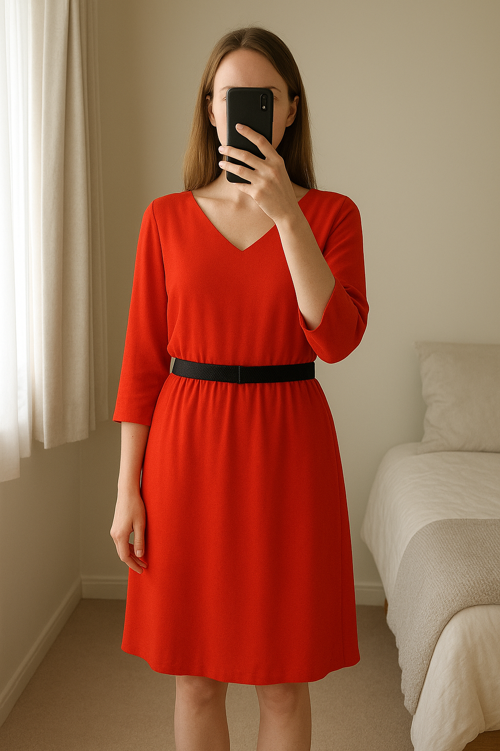 Robe Promod orange taille 36 / S debout, face à la caméra, dans une chambre à la lumière douce, avec une lumière naturelle filtrant par la fenêtre.
