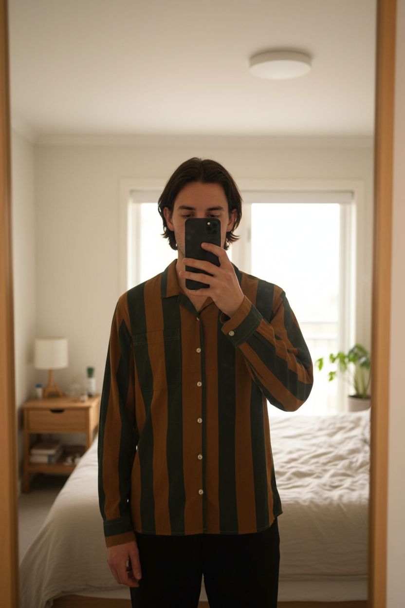 Forét stribet skjorte str L i grønne/orange jordfarver standing straight facing the camera, in a softly lit bedroom setting, with gentle natural light filtering through a window.