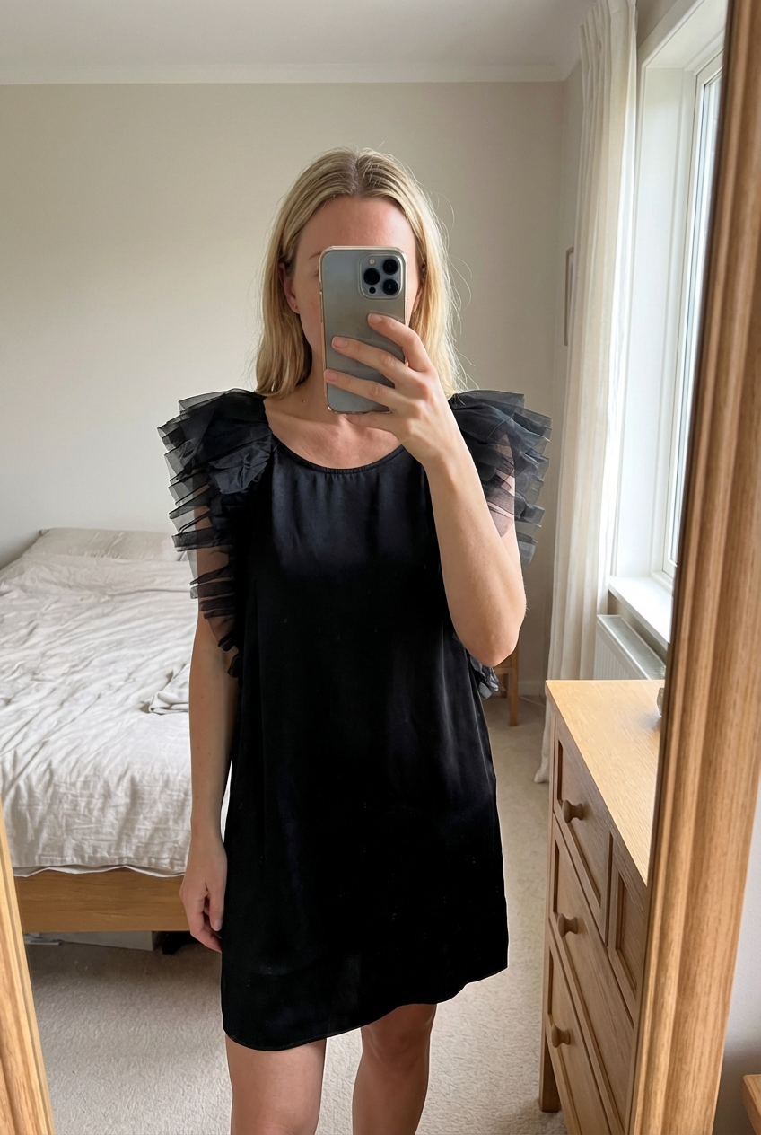 Une personne en Robe noire femme S Maje en soie debout, face à la caméra, dans une chambre à la lumière douce, avec une lumière naturelle filtrant par la fenêtre.