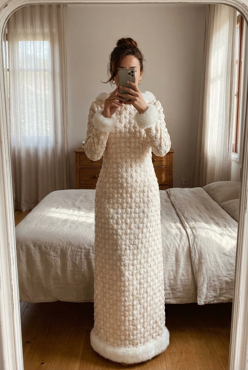 Abito da sposa vintage anni ’70 in macramè con visone autentico – pezzo raro in piedi, rivolto verso la fotocamera, in una camera da letto con luce soffusa e luce naturale che filtra dalla finestra.