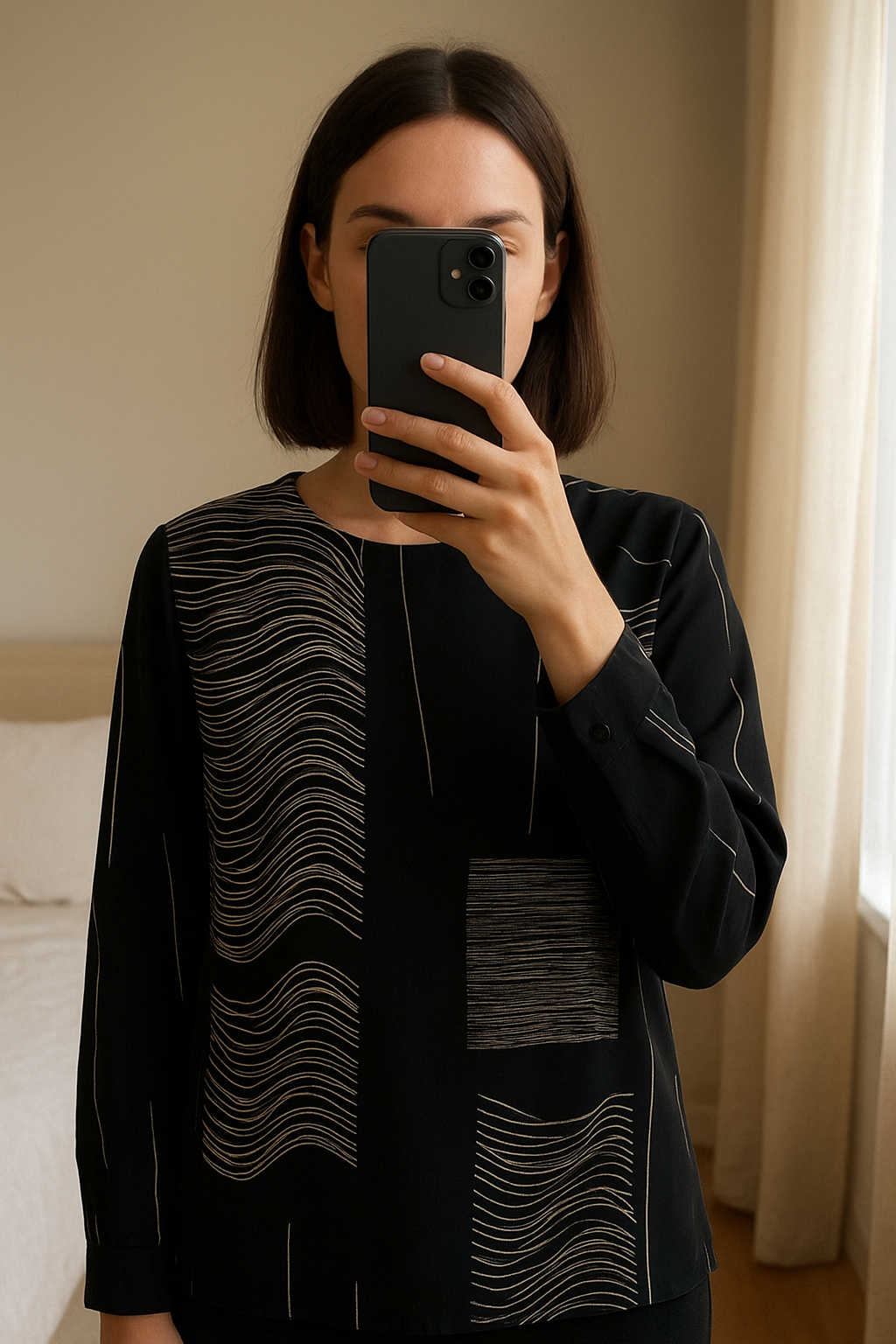 Veste chemise femme debout, face à la caméra, dans une chambre à la lumière douce, avec une lumière naturelle filtrant par la fenêtre.