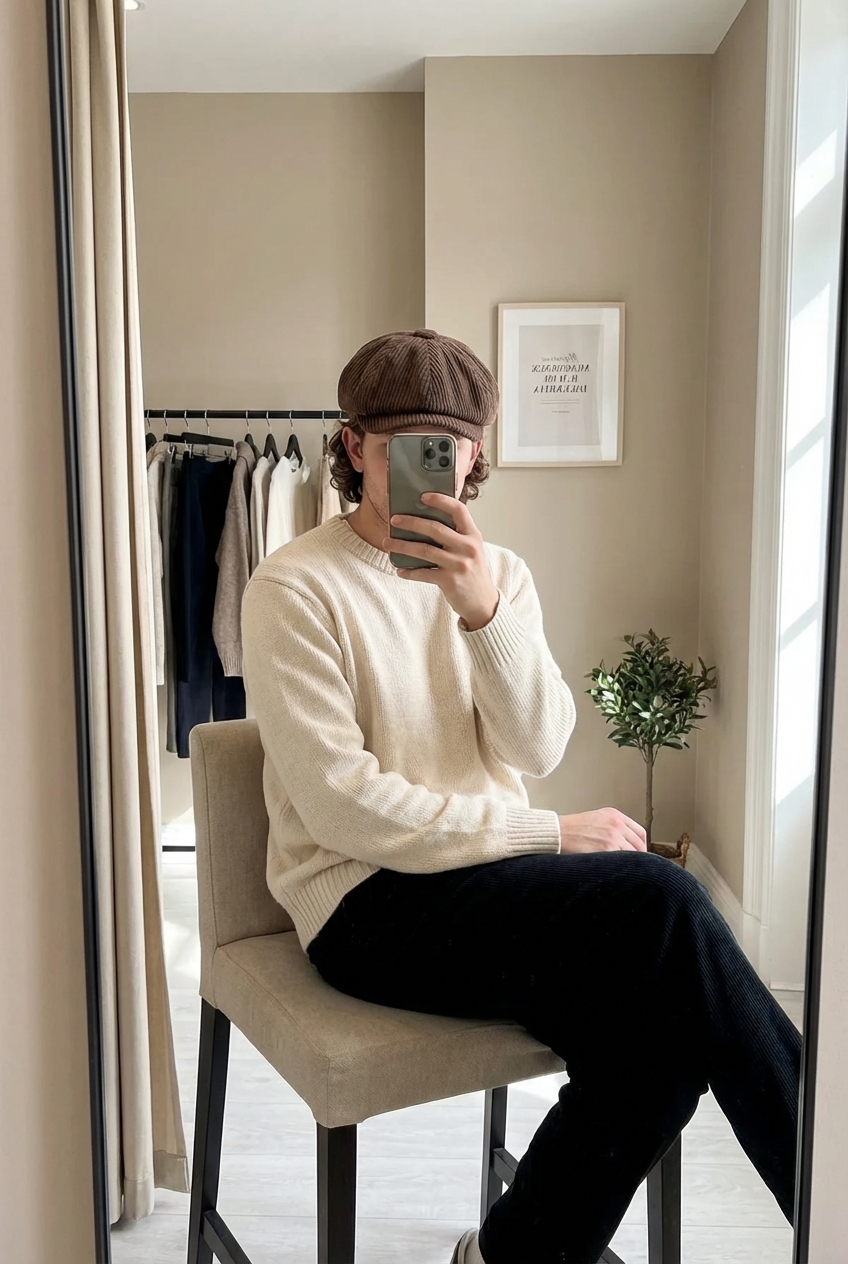 Una persona in Coppola in Velluto a Coste – Stile Italiano Raffinato seduto su una sedia alta, con postura rilassata, in un camerino in stile boutique con specchio e decorazioni neutre.