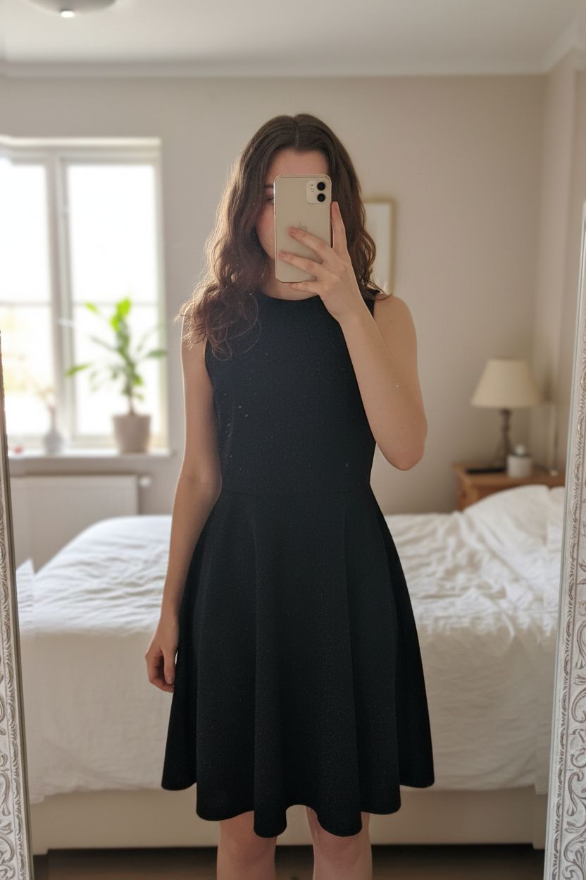 Glitzerkleid schwarz | figurbetont | Skaterkleid elegant Party Größe M aufrecht stehend, der Kamera zugewandt, in einem sanft beleuchteten Schlafzimmer, mit natürlichem Licht, das durch ein Fenster fällt.