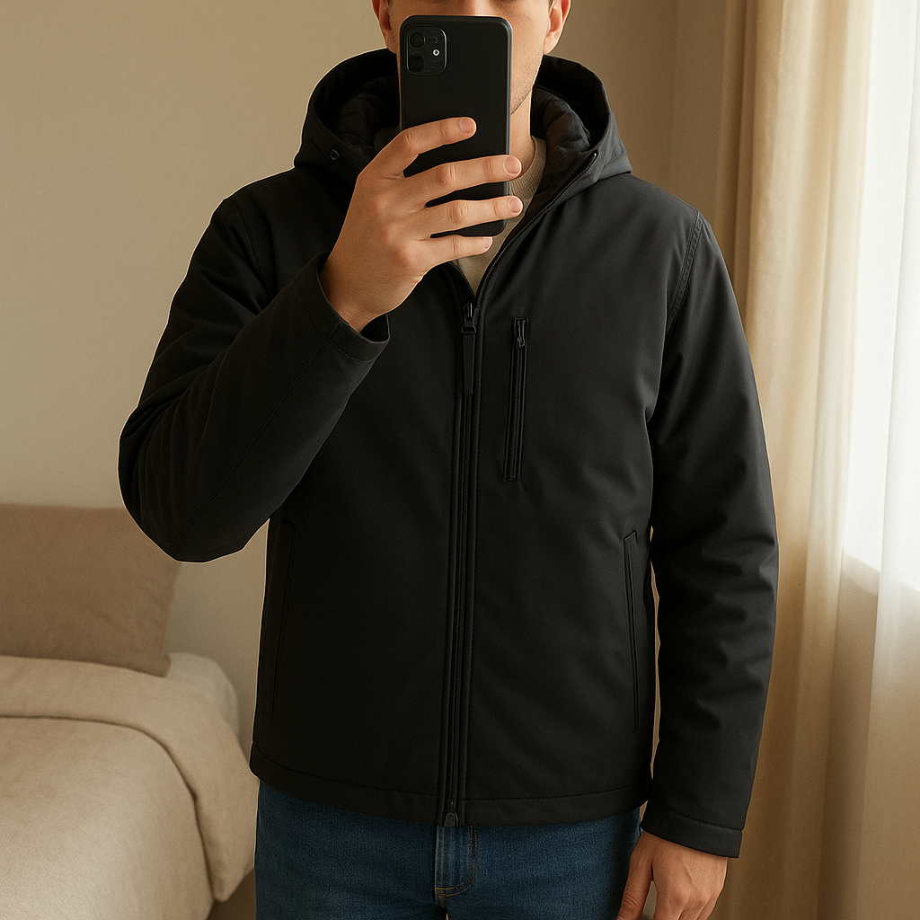 Short Parka Aviator Soft Shell Nero – Impermeabile e Versatile – Taglia XL in piedi, rivolto verso la fotocamera, in una camera da letto con luce soffusa e luce naturale che filtra dalla finestra.