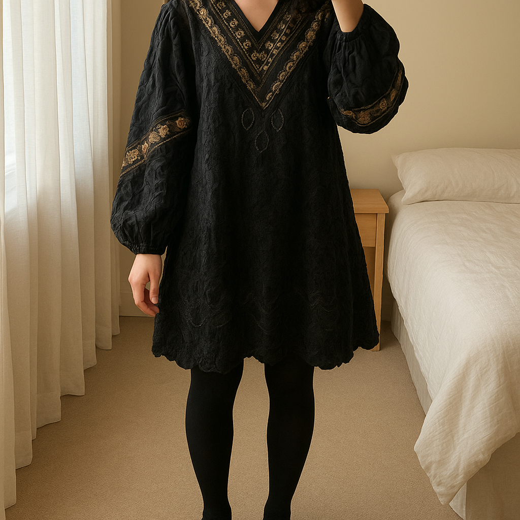 Maglione vestito ricamato anni 80 in piedi, rivolto verso la fotocamera, in una camera da letto con luce soffusa e luce naturale che filtra dalla finestra.