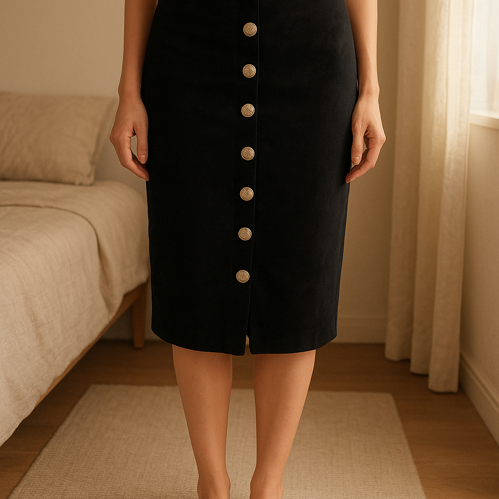 Jupe longueur genou en daim taille 38 debout, face à la caméra, dans une chambre à la lumière douce, avec une lumière naturelle filtrant par la fenêtre.