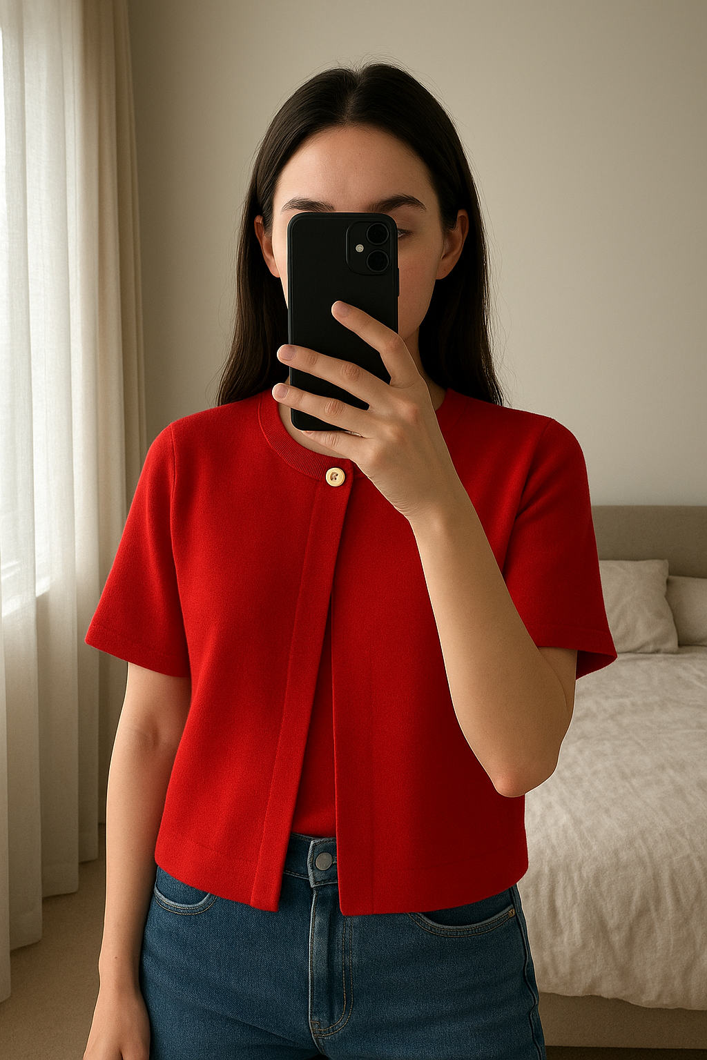 petit cardigan zara debout, face à la caméra, dans une chambre à la lumière douce, avec une lumière naturelle filtrant par la fenêtre.