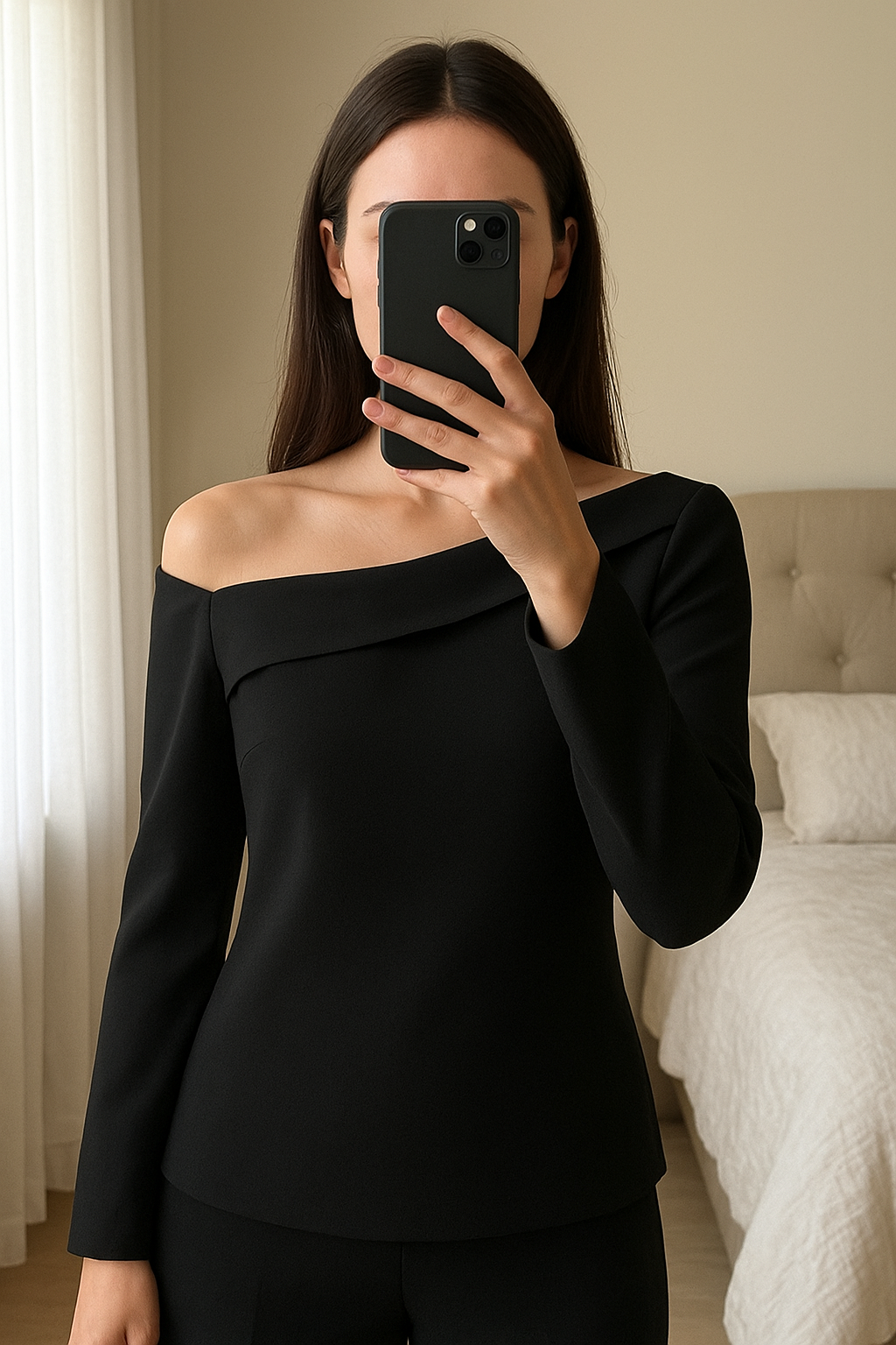 Top chic asymétrique Keepsake – parfait soirée debout, face à la caméra, dans une chambre à la lumière douce, avec une lumière naturelle filtrant par la fenêtre.