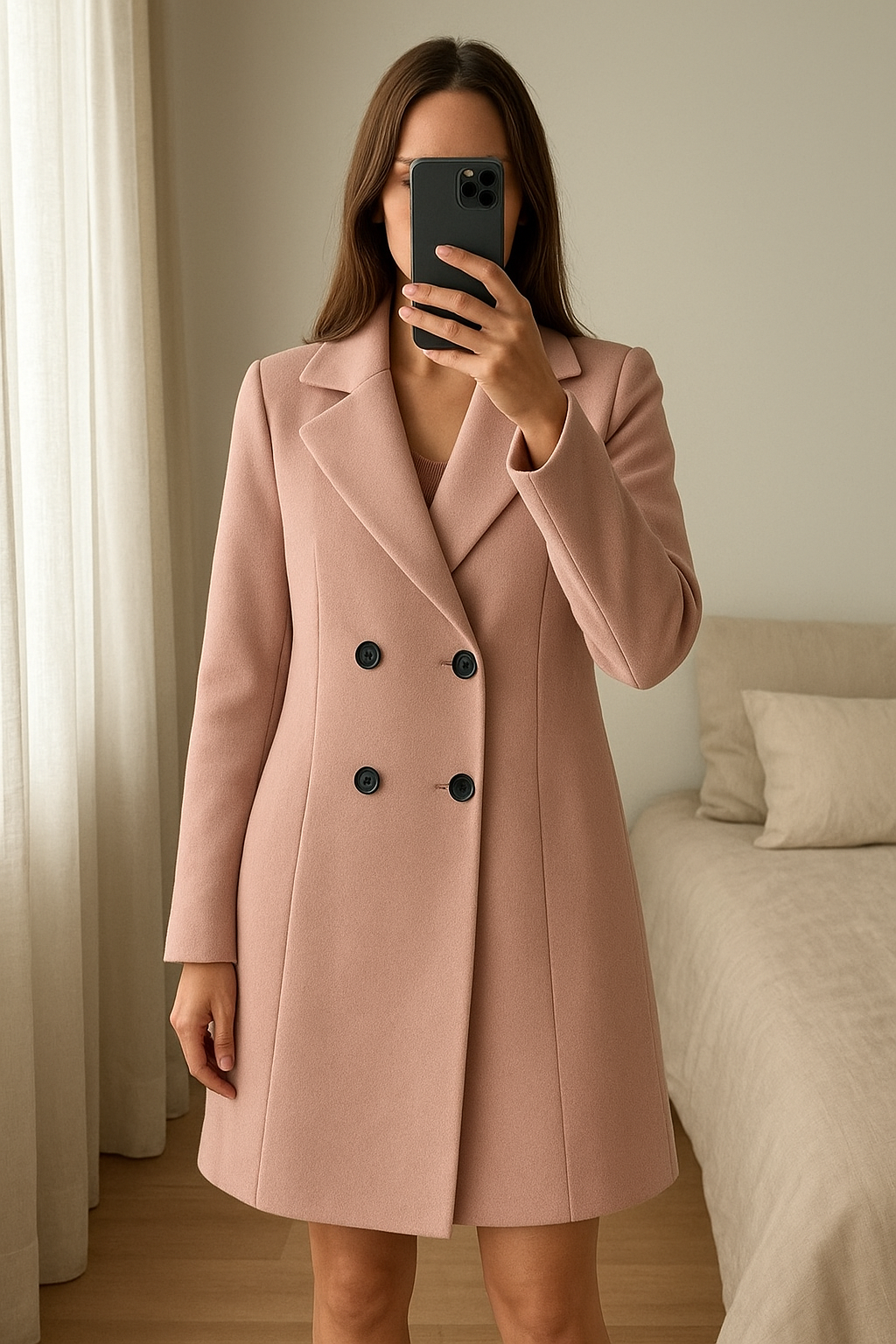 Manteaux debout, face à la caméra, dans une chambre à la lumière douce, avec une lumière naturelle filtrant par la fenêtre.