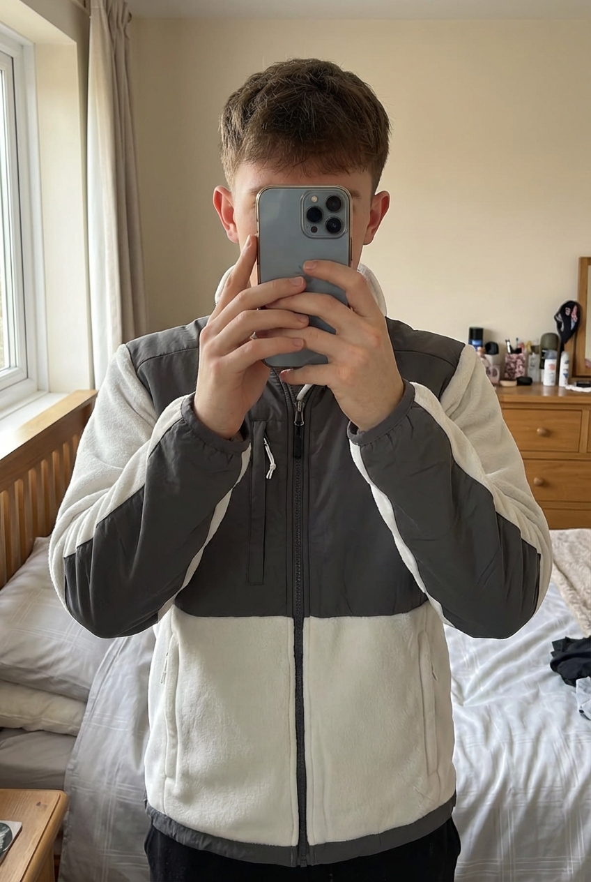 Vintage White & Grey The North Face Denali fleece jacket standing straight facing the camera, in a softly lit bedroom setting, with gentle natural light filtering through a window.