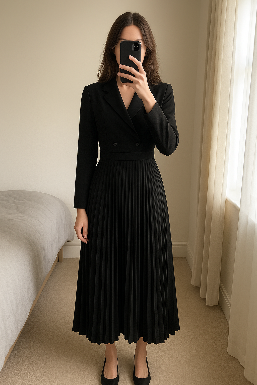 Veston robe plissé soirée classe 😊 debout, face à la caméra, dans une chambre à la lumière douce, avec une lumière naturelle filtrant par la fenêtre.