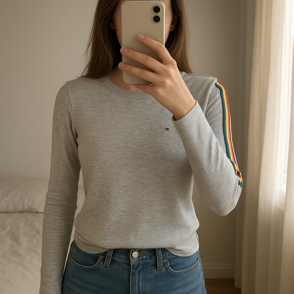 Pull Tommy Hilfiger femme XXS – gris debout, face à la caméra, dans une chambre à la lumière douce, avec une lumière naturelle filtrant par la fenêtre.
