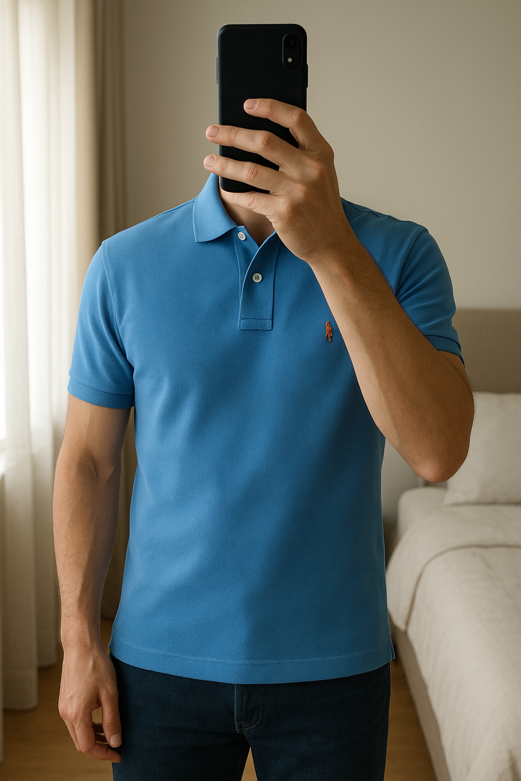 Polo Gentleman Farmer debout, face à la caméra, dans une chambre à la lumière douce, avec une lumière naturelle filtrant par la fenêtre.