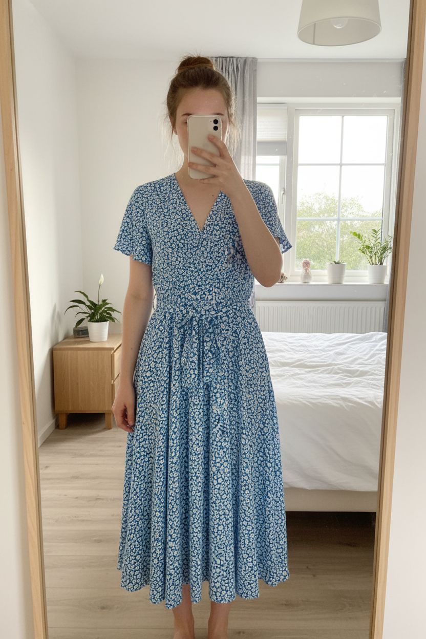 robe bleue à petites fleurs debout, face à la caméra, dans une chambre à la lumière douce, avec une lumière naturelle filtrant par la fenêtre.