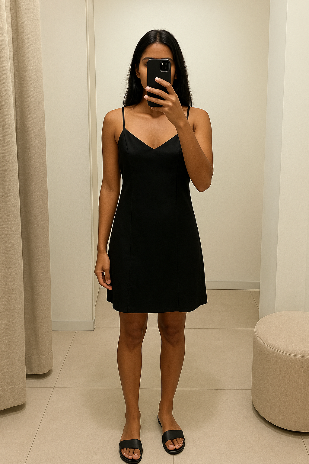 Una persona in vestito nero Stradivarius, taglia XS (IT 38 / EU 34) in piedi, rivolto verso la fotocamera, in un camerino in stile boutique con specchio e decorazioni neutre.
