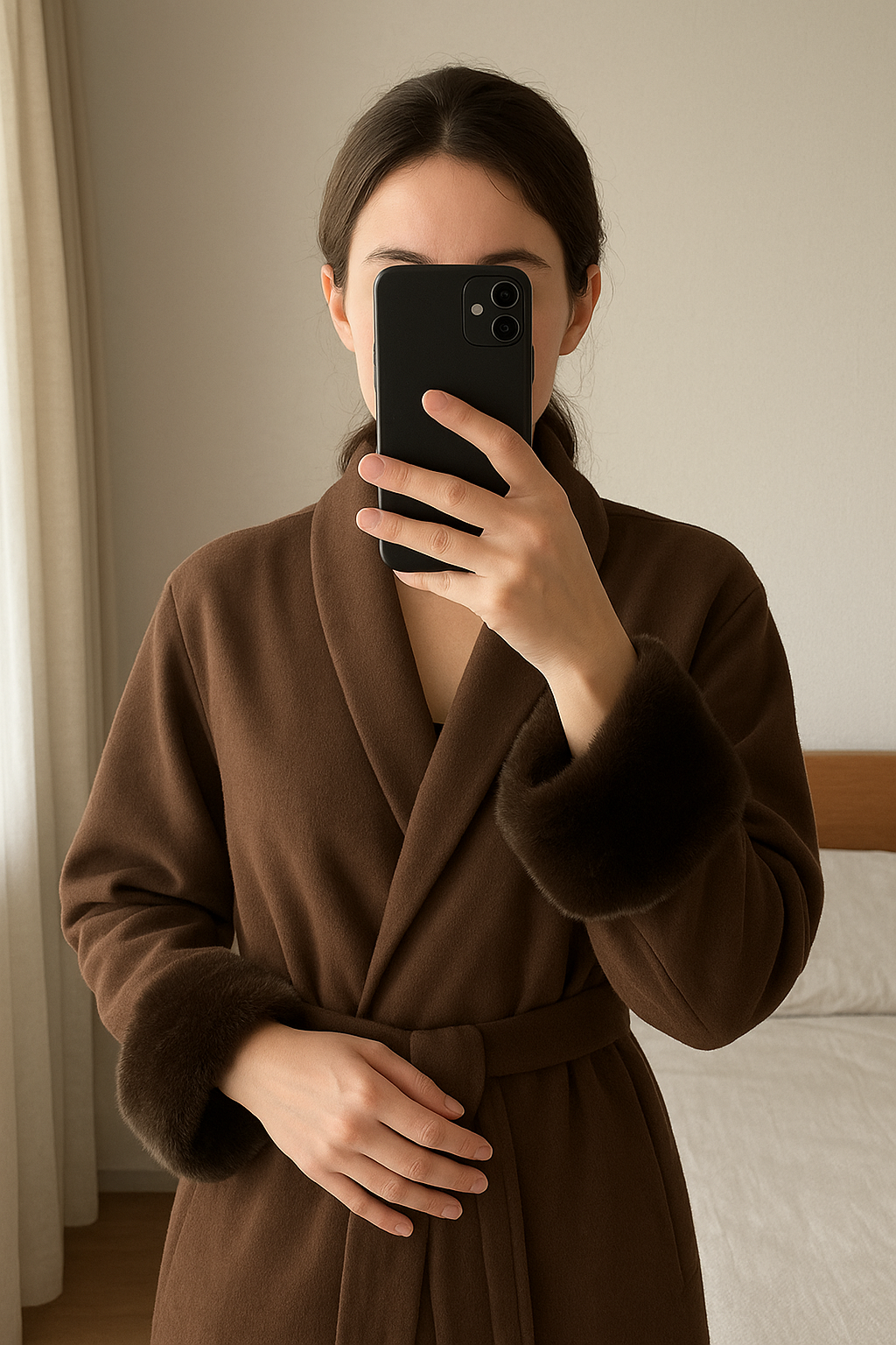 Manteau marron virale manches fourrure debout, face à la caméra, dans une chambre à la lumière douce, avec une lumière naturelle filtrant par la fenêtre.