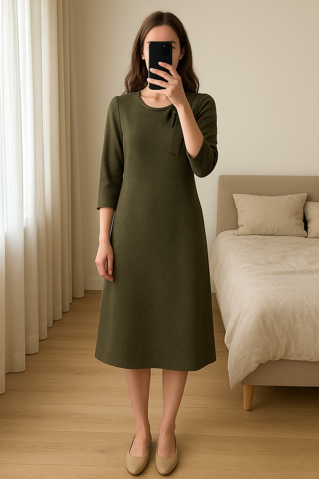 Robe kaki et dorée debout, face à la caméra, dans une chambre à la lumière douce, avec une lumière naturelle filtrant par la fenêtre.