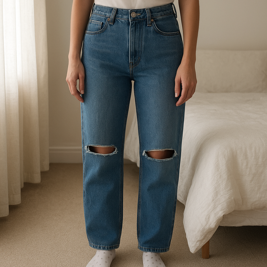 Jean boyfriends large taille XS bleu avec trou aux genoux debout, face à la caméra, dans une chambre à la lumière douce, avec une lumière naturelle filtrant par la fenêtre.
