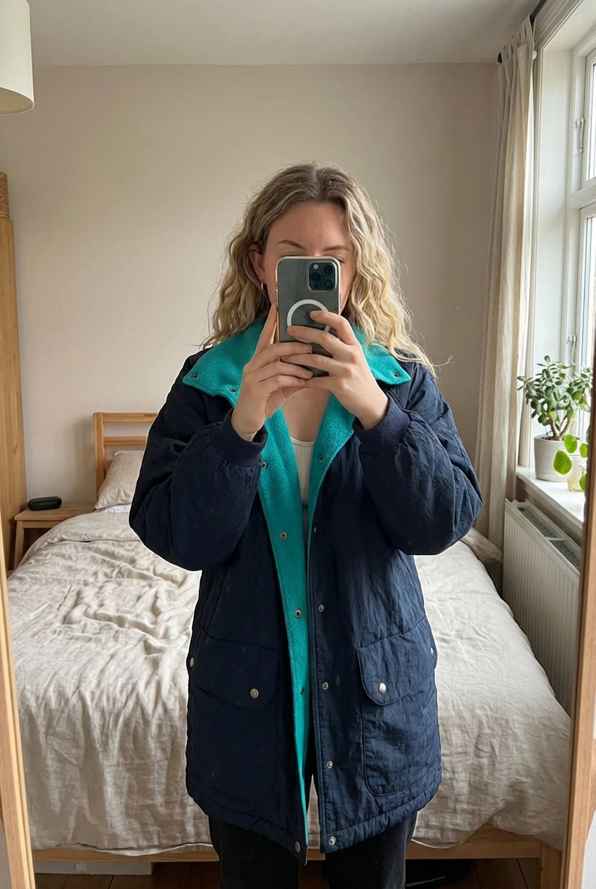 Parka Winch Kiabi vintage Femme! de pie, mirando a la cámara, en un dormitorio con luz suave y natural filtrándose por la ventana.