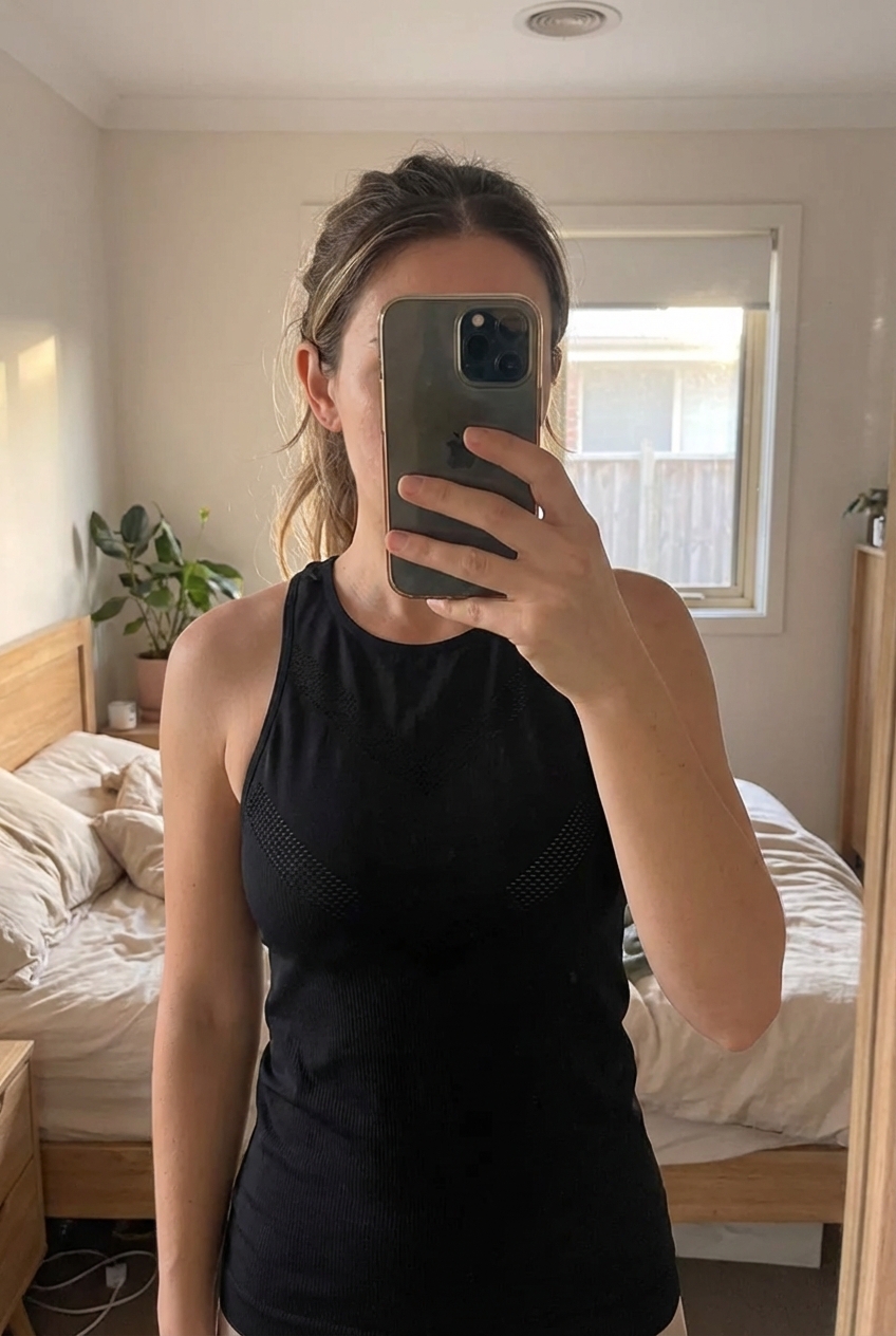 Debardeur de sport femme taille M climawear debout, face à la caméra, dans une chambre à la lumière douce, avec une lumière naturelle filtrant par la fenêtre.