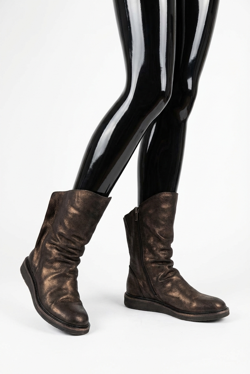 a glossy black plastic mannequin with no facial features in Cinzia Araia Leather Biker Boots - Metallic Black Size 8 arching their back slightly for a dynamic pose, in a clean photo studio with seamless white backdrop and softbox lighting.