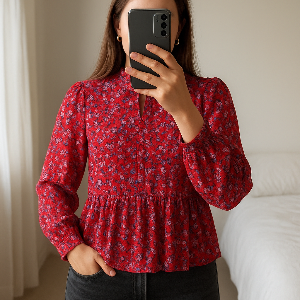 Blouse Pimkie Rose et rouge debout, face à la caméra, dans une chambre à la lumière douce, avec une lumière naturelle filtrant par la fenêtre.