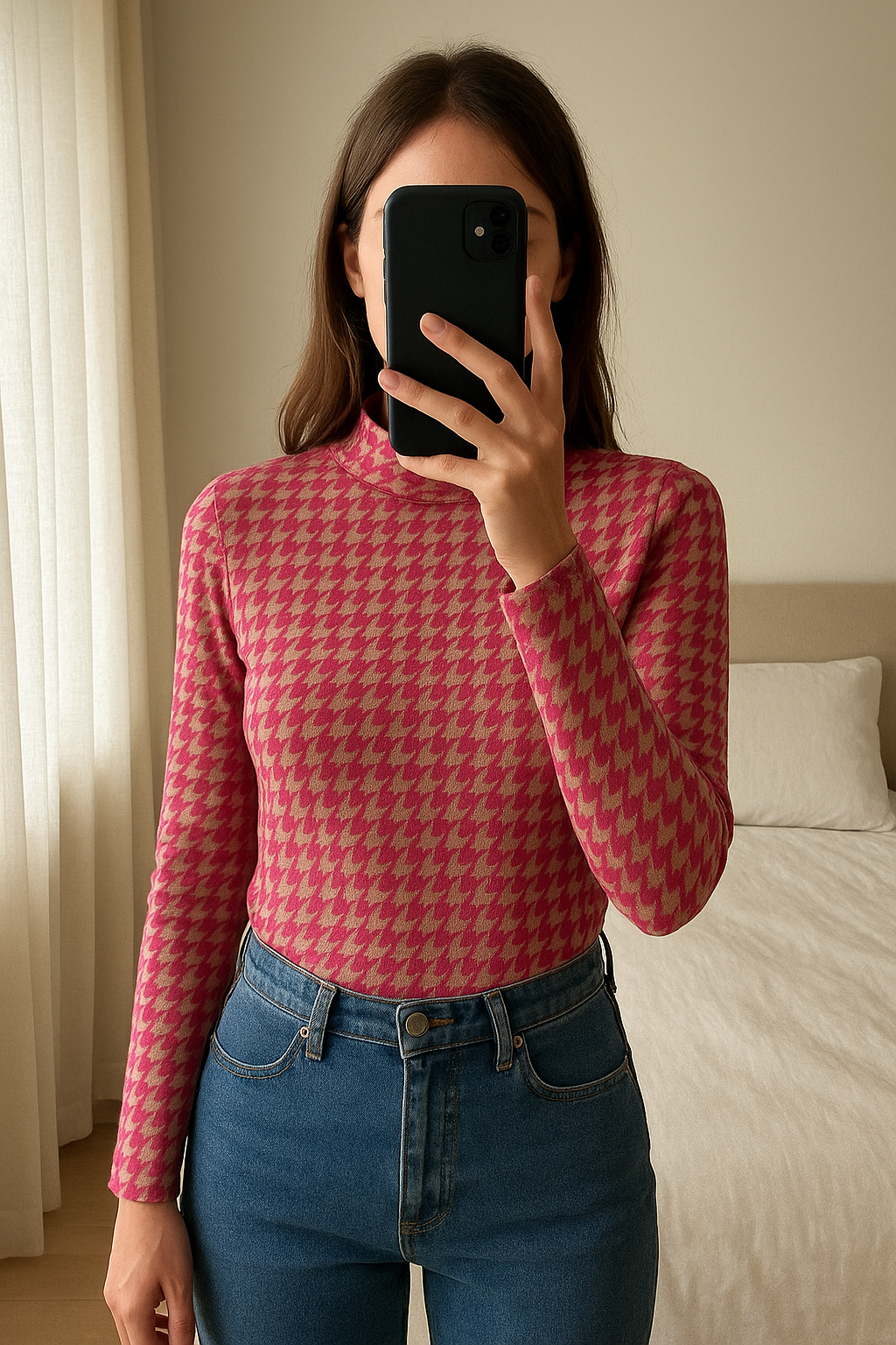 Pull col roulé monki S - dolcevita monki S in piedi, rivolto verso la fotocamera, in una camera da letto con luce soffusa e luce naturale che filtra dalla finestra.