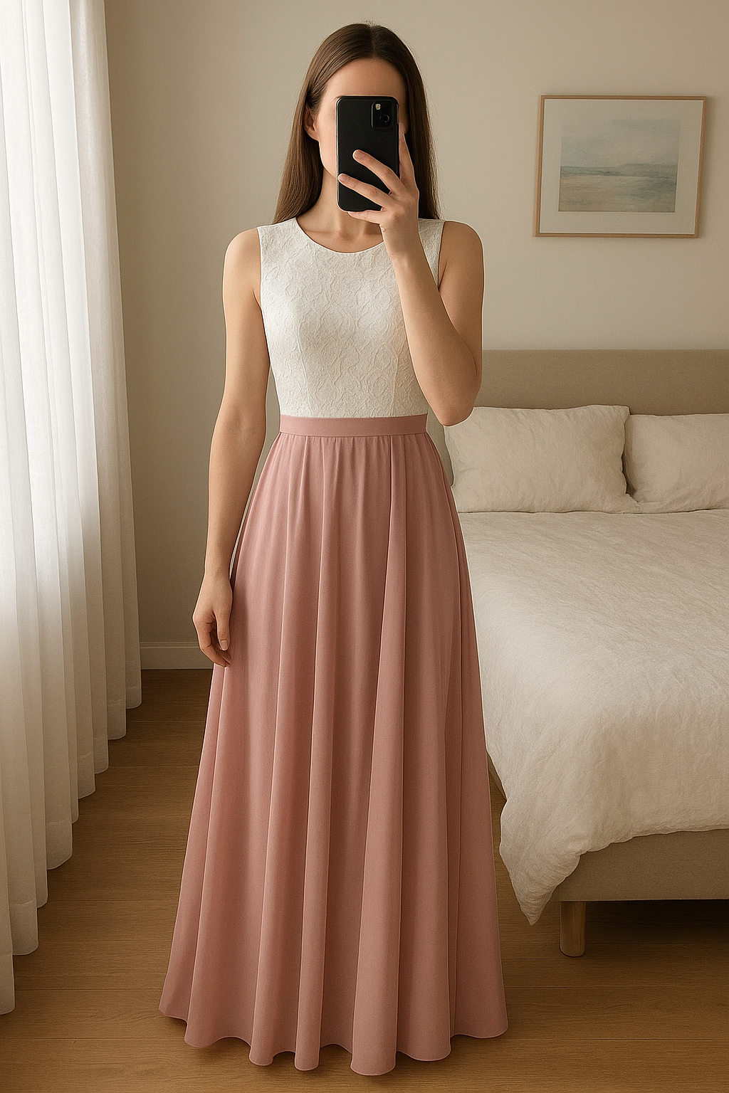 Blush bridesmaid or prom dress standing straight facing the camera, in a softly lit bedroom setting, with gentle natural light filtering through a window.