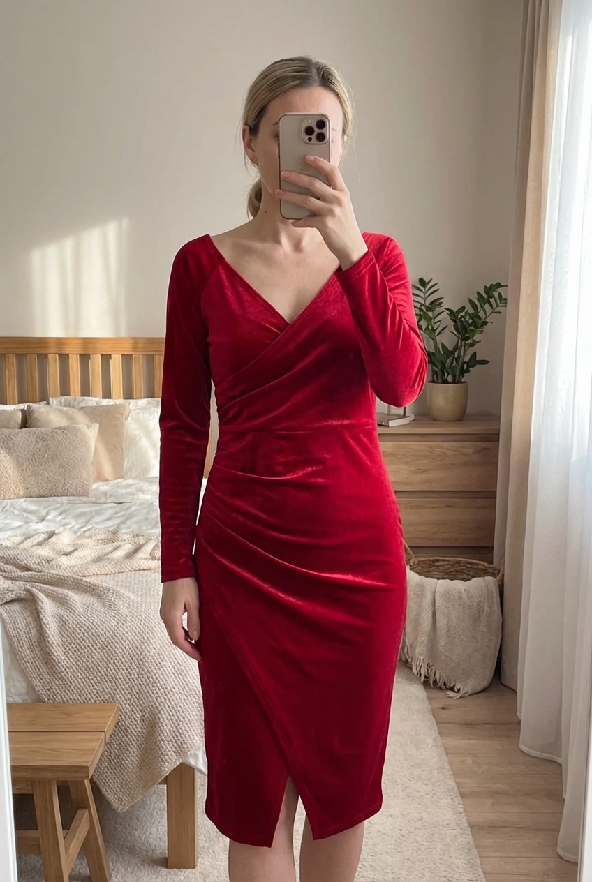Magnifique Robe effet velours rouge taille 38 élégance féminine debout, face à la caméra, dans une chambre à la lumière douce, avec une lumière naturelle filtrant par la fenêtre.