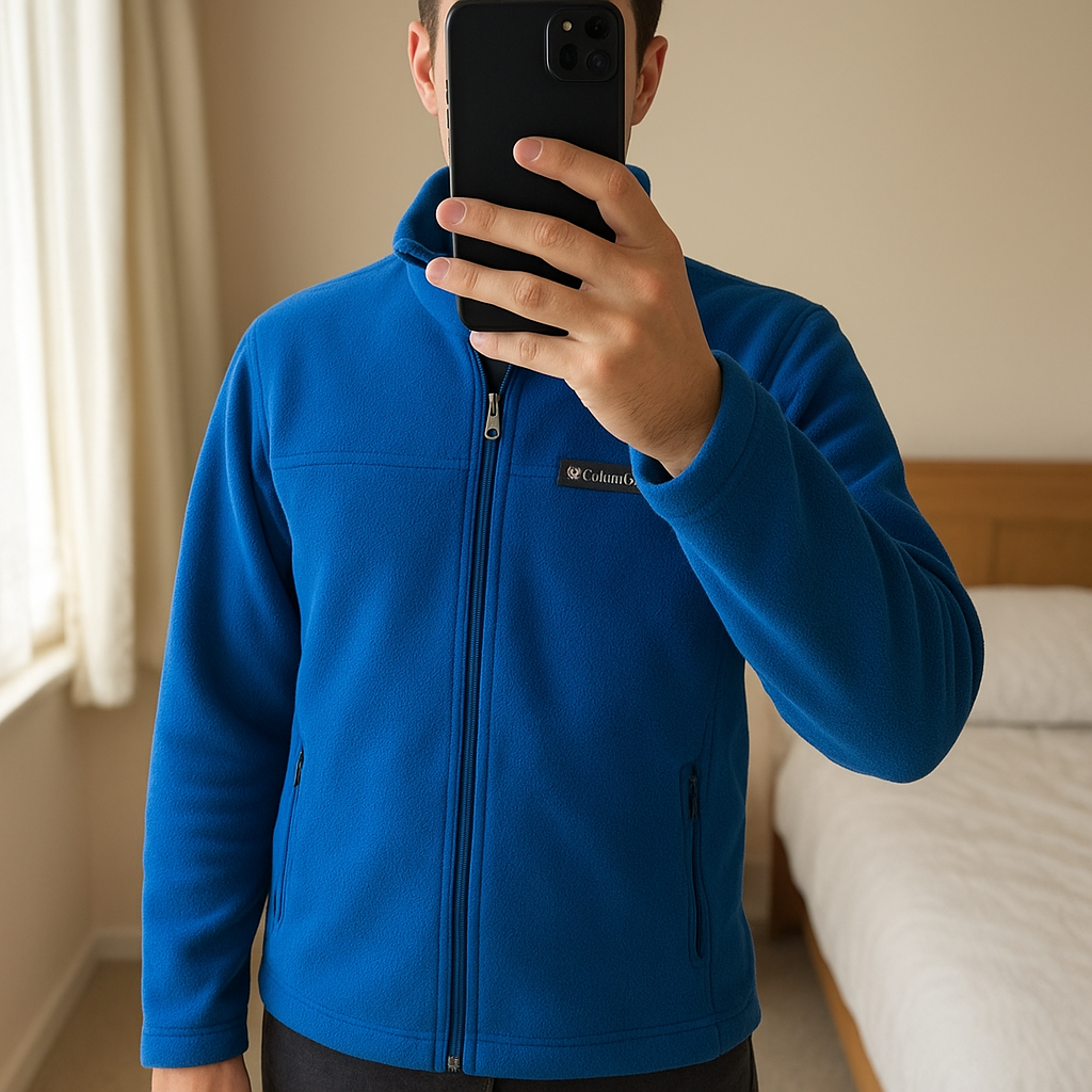 Veste polaire Columbia Bleu S debout, face à la caméra, dans une chambre à la lumière douce, avec une lumière naturelle filtrant par la fenêtre.