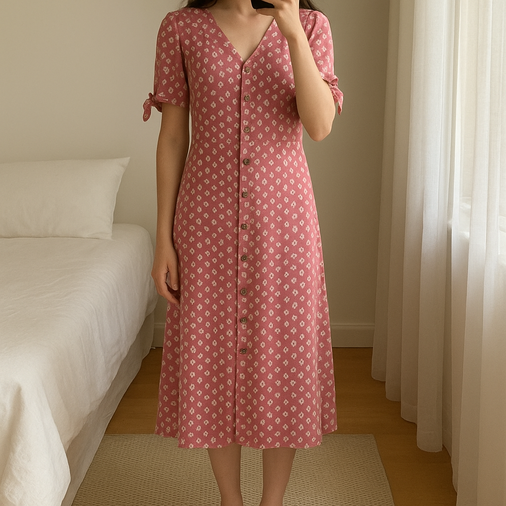 F&F Pink Floral v-necked button-down summer dress. standing straight facing the camera, in a softly lit bedroom setting, with gentle natural light filtering through a window.