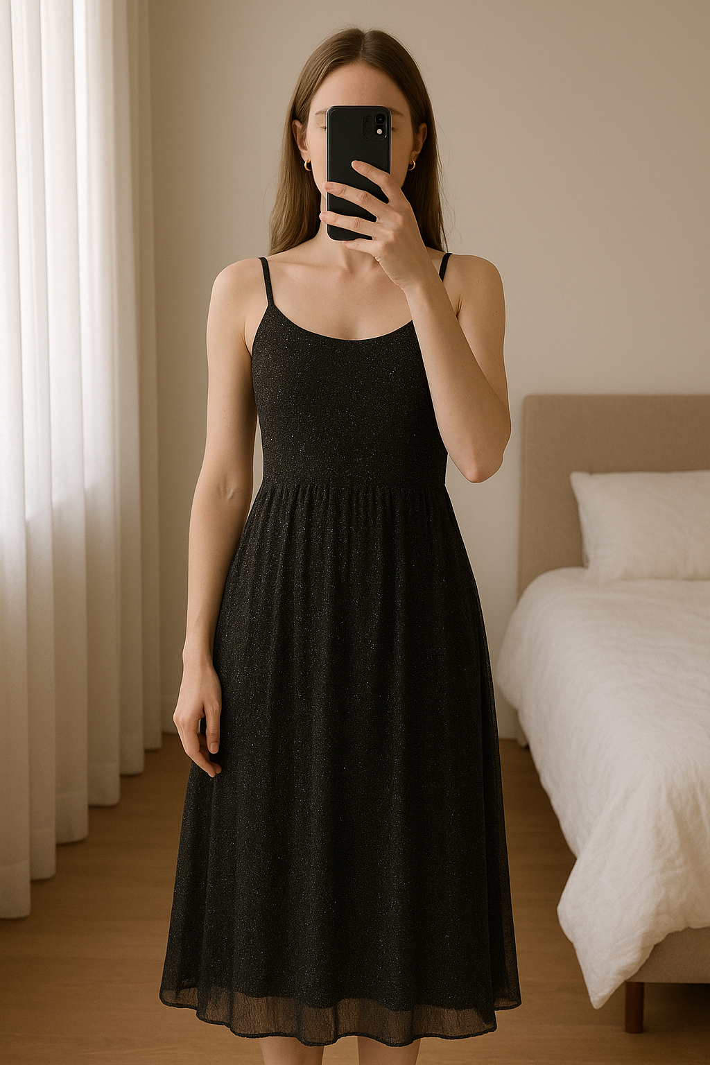 Glitzer Glamour Kleidchen, Gr L, sehr strechi, schwarz aufrecht stehend, der Kamera zugewandt, in einem sanft beleuchteten Schlafzimmer, mit natürlichem Licht, das durch ein Fenster fällt.