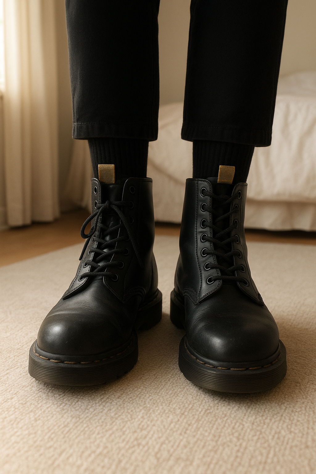 Doc Martens debout, face à la caméra, dans une chambre à la lumière douce, avec une lumière naturelle filtrant par la fenêtre.