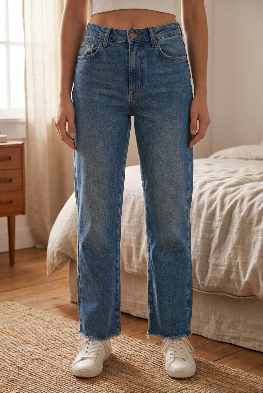 Jean ZARA femme taille 38 coupe droite vintage ourlet effiloché debout, face à la caméra, dans une chambre à la lumière douce, avec une lumière naturelle filtrant par la fenêtre.