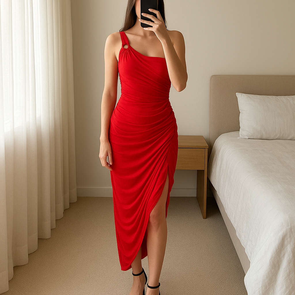 Robe Rouge Zara Neuf T36 debout, face à la caméra, dans une chambre à la lumière douce, avec une lumière naturelle filtrant par la fenêtre.