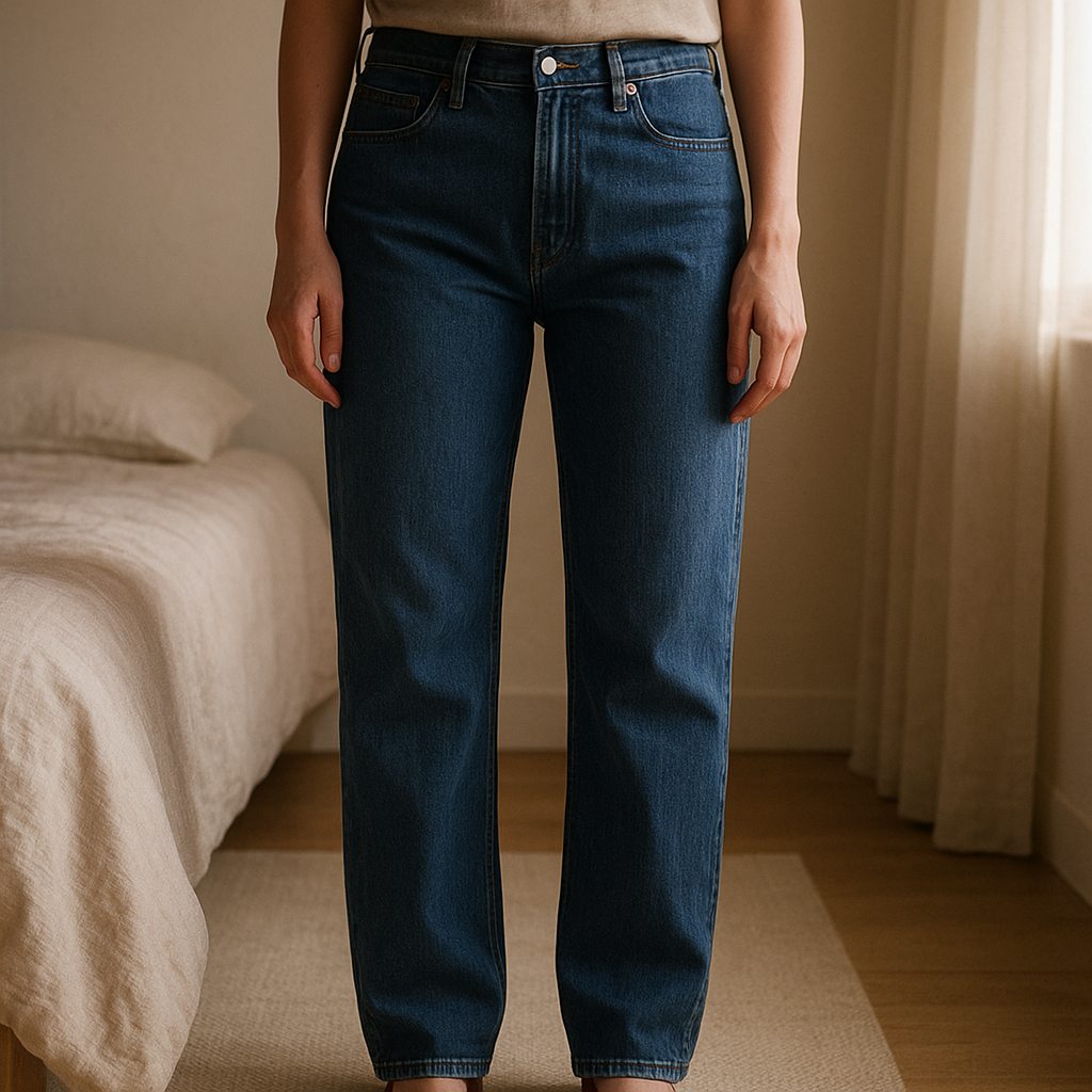 Levi’s 505 Regular Fit Jeans Donna W30 L32 grigio scuro in piedi, rivolto verso la fotocamera, in una camera da letto con luce soffusa e luce naturale che filtra dalla finestra.