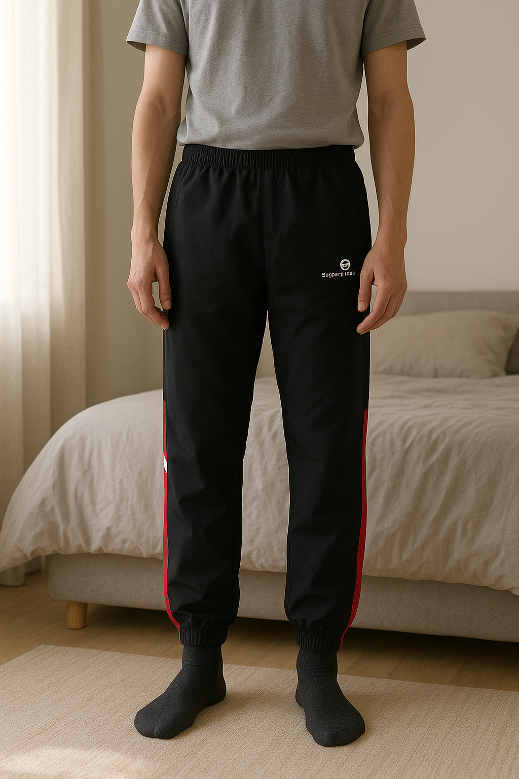Jogging Sergio tacchini debout, face à la caméra, dans une chambre à la lumière douce, avec une lumière naturelle filtrant par la fenêtre.