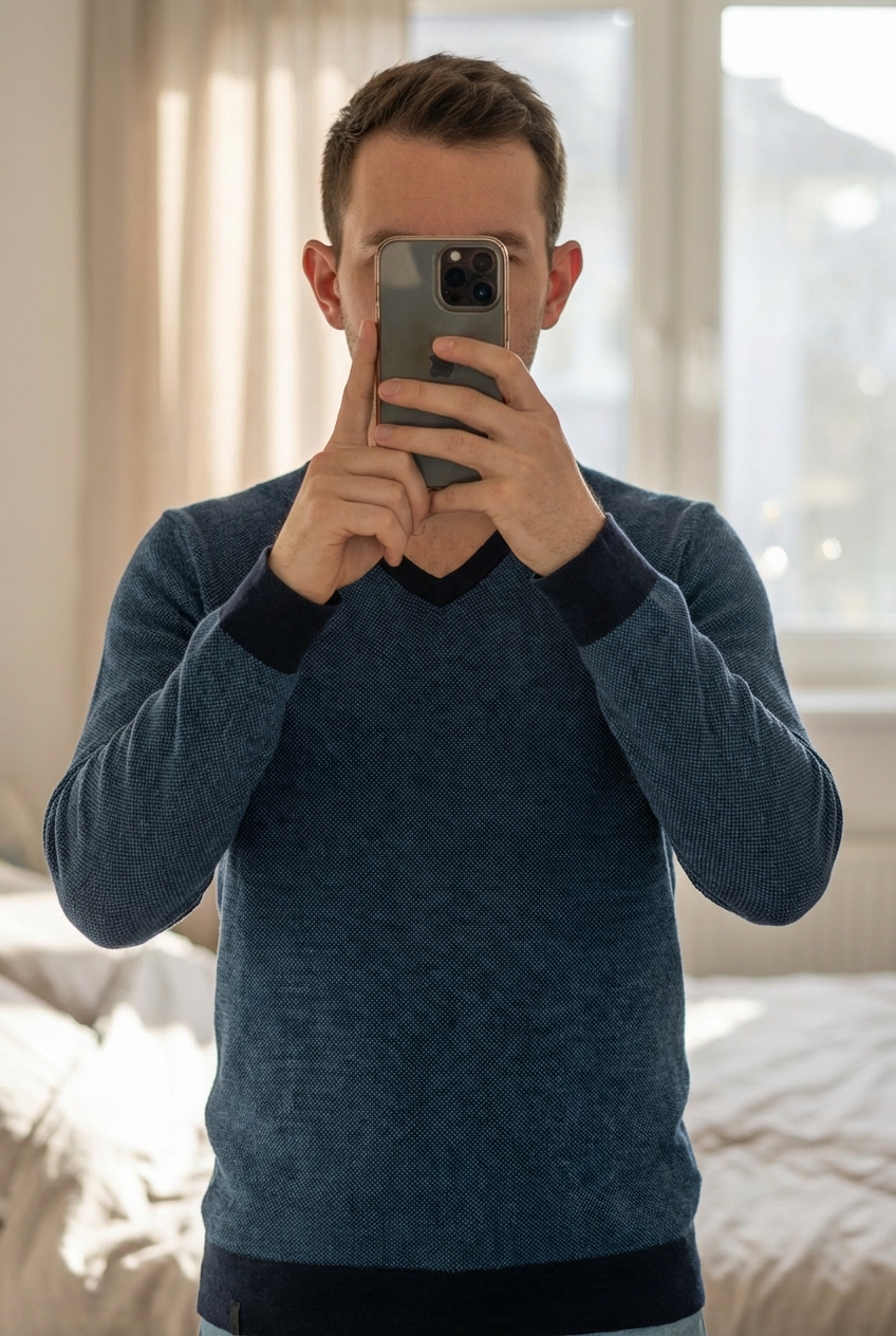 Pull col V Calvin Klein 100% Mix Laine mérinos Italian Yarn Bleu M debout, face à la caméra, dans une chambre à la lumière douce, avec une lumière naturelle filtrant par la fenêtre.